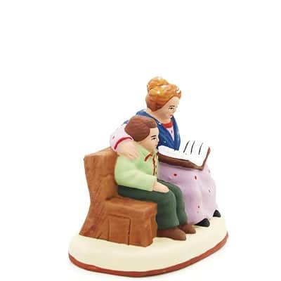 santon de provence la liseuse et l'enfant peint à la main profil